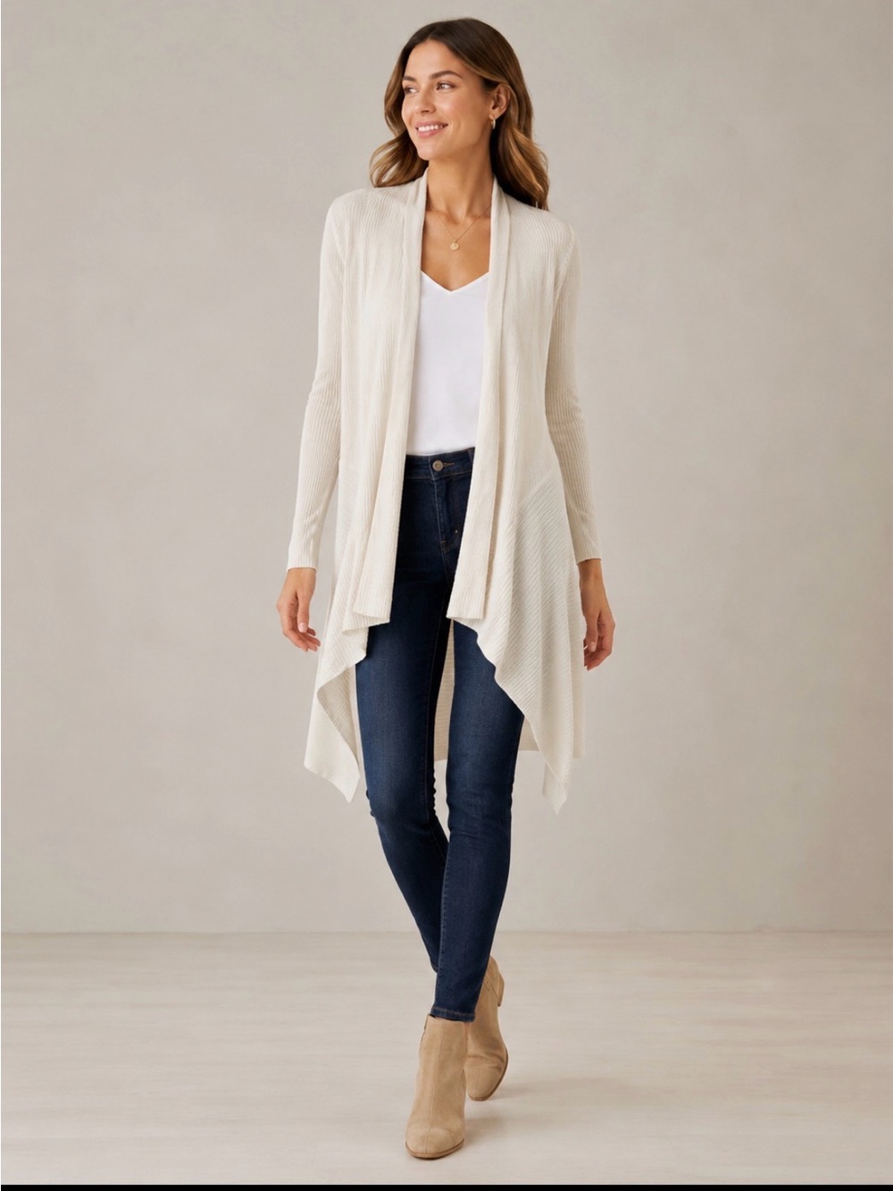 The Limited  Soft Cream Ribbed Drape-Front Long Cardigan